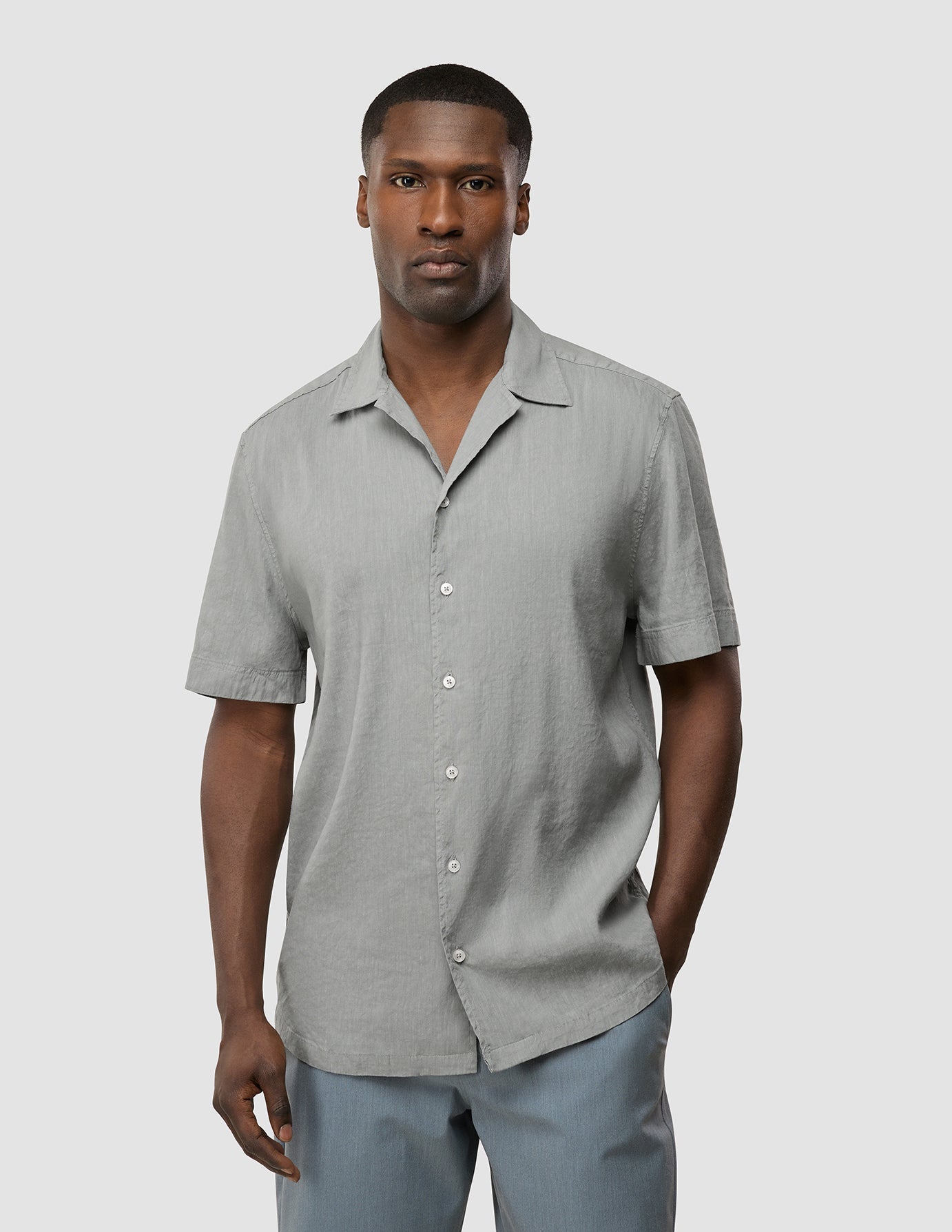 Refined Linen Bowling Short Sleeve Shirt Stone Grey